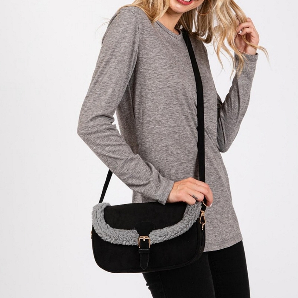 Black Fleece Trimmed Crossbody Bag Purse Sherpa Suede Casual Womens Accessory